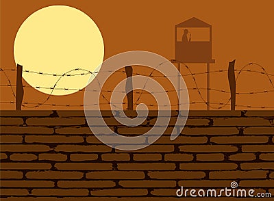 Prison Wall with Guard Tower Silhouette Vector Illustration