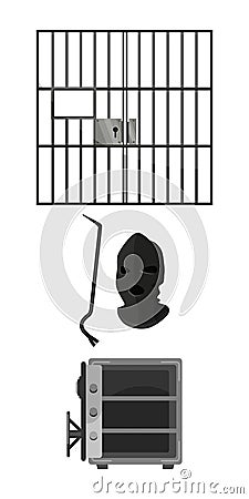 Prison, crowbar, thief mask, safe set on white Vector Illustration