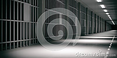 Prison interior. Jail cells, dark background. 3d illustration Cartoon Illustration