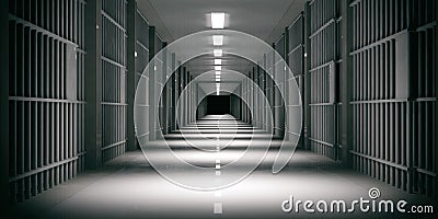 Prison interior. Jail cells, dark background. 3d illustration Cartoon Illustration