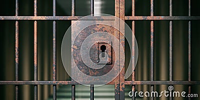 Prison interior. Locked rusty door closeup, dark background. 3d illustration Cartoon Illustration