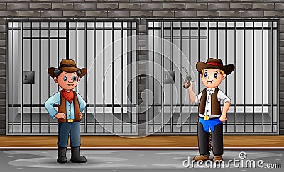 Prison interior with prisoners and police officers Vector Illustration