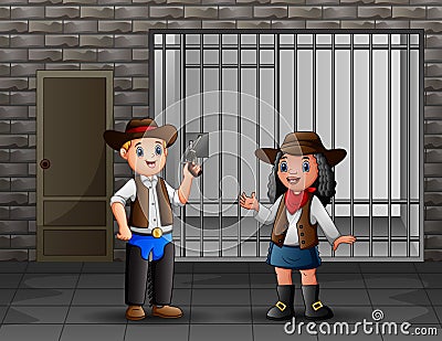 Prison interior with prisoners and police officers Vector Illustration