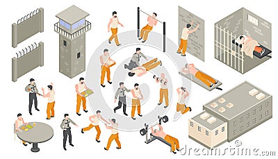 Prison Isometric Color Set Vector Illustration