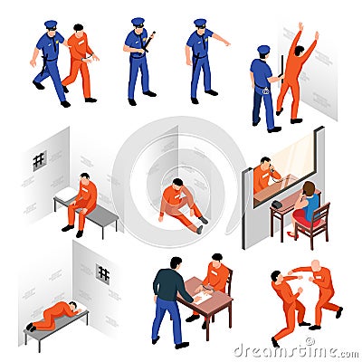 Prison Isometric Set Vector Illustration