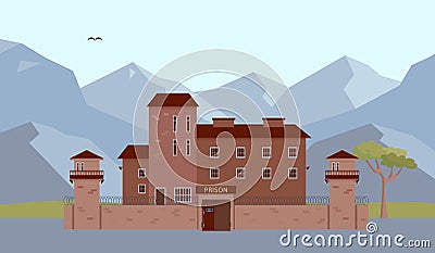 Prison or jail building in mountains. Vector Illustration