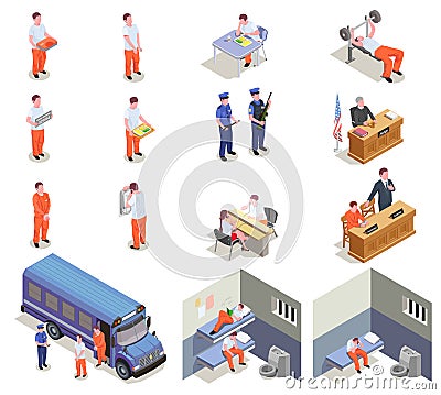 Prison Jail Isometric Icons Vector Illustration
