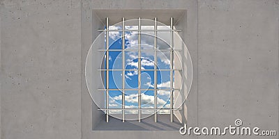 Prison, jail window with security bars and blue sky view, concrete wall background. 3d illustration Cartoon Illustration
