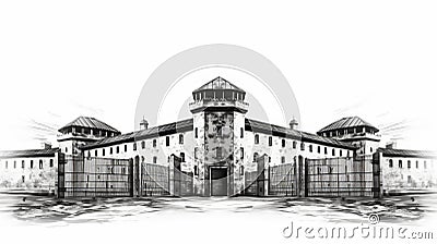 Black And White Dadaist Photomontage Of A Prison Building Stock Photo