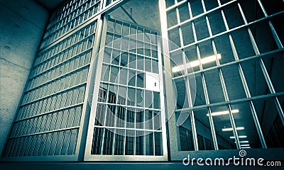 Prison in penitentiary with bars and open door Stock Photo