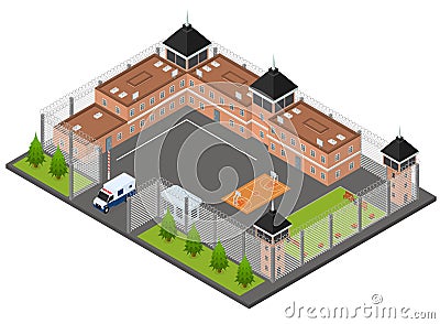 Prison Penitentiary Concept 3d Isometric View. Vector Vector Illustration