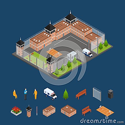 Prison Penitentiary and Elements Concept 3d Isometric View. Vector Vector Illustration