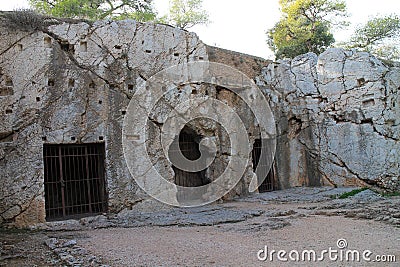 Prison of Philosopher Socrates on Filopappou hill, Athens Stock Photo