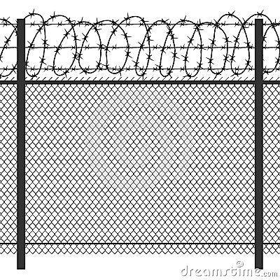 Prison privacy metal fence with barbed wire vector seamless black silhouette Vector Illustration