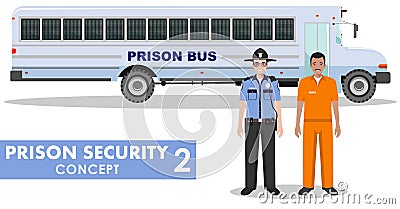 Prison security concept. Detailed illustration of prison bus, police guard and prisoner on white background in flat Vector Illustration