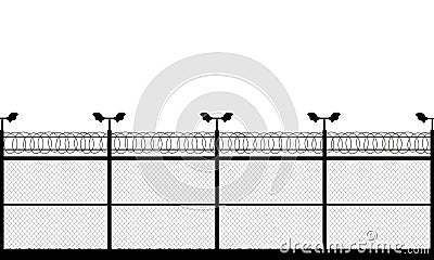 Prison tower, checkpoint, protection territory, watchtower, state border,military base. Street camera on the pillar. Fence wire Cartoon Illustration