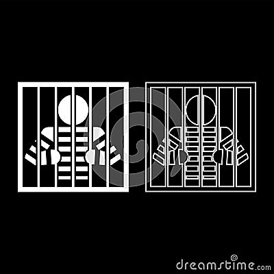 Prisoner behind bars holds rods with his hands Angry man watch through lattice in jail Incarceration concept icon outline set Vector Illustration