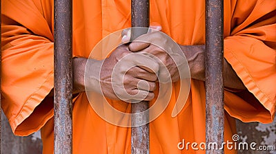 Prisoner behind bars. Male hands close-up. Stock Photo