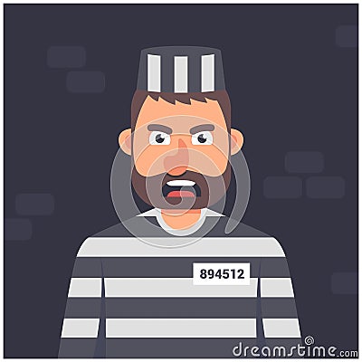 Prisoner in a cell. striped uniform. Vector Illustration