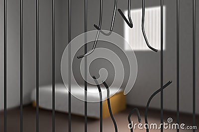 Prisoner escaped from prison. Bent bars in jail. 3D rendered illustration. Stock Photo