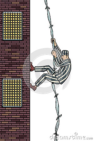 A prisoner escapes from prison. Jailbreak. The descent from the heights of related sheets Vector Illustration