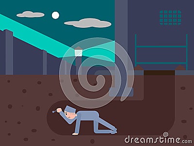 Prisoner escapes from prison through a tunnel Vector Illustration