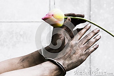 Prisoner hand holding a flower. Stock Photo