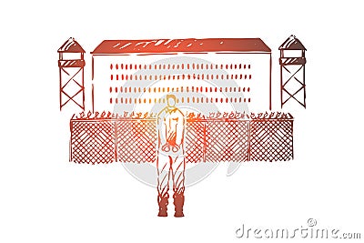 Prisoner in handcuffs standing outside jailhouse, jail break attempt, building with metal fence, watchtowers Vector Illustration