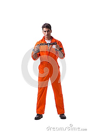 The prisoner with his hands chained isolated on white background Stock Photo