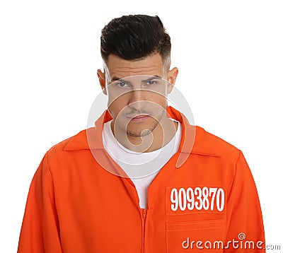 Prisoner in orange jumpsuit on white background Stock Photo