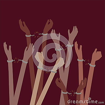 Prisoners or Slaves victims of trafficking with Hands free from Handcuffs - Freedom Concept Vector Illustration