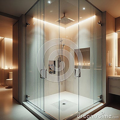 Stylish modern walk in shower unit in pristine bathroom Stock Photo