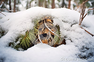 a pristine blanket of snow nestling among pine roots Stock Photo
