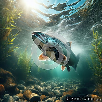 Salmon swim upstream in crystal clear water Stock Photo