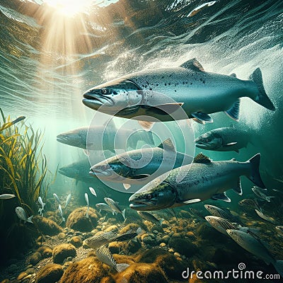 Salmon swim upstream in crystal clear water Stock Photo