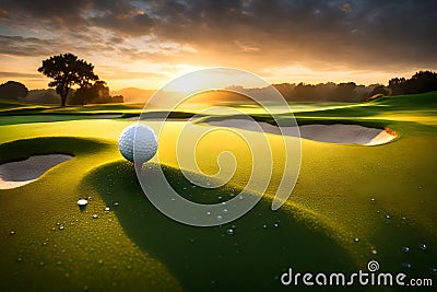 A pristine golf course at sunrise, with dewdrops on the grass and a solitary golf ball on the green Stock Photo