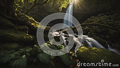 A pristine waterfall hidden deep in the forest, with sunlight streaming through the Stock Photo