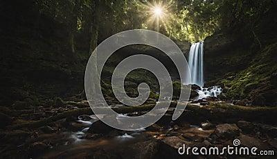 A pristine waterfall hidden deep in the forest, with sunlight streaming through the Stock Photo