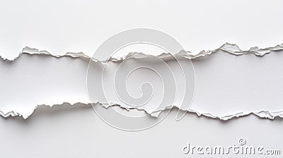 pristine white sheet features a clean horizontal tear creating a unique visual space perfect for text insertion. This Stock Photo