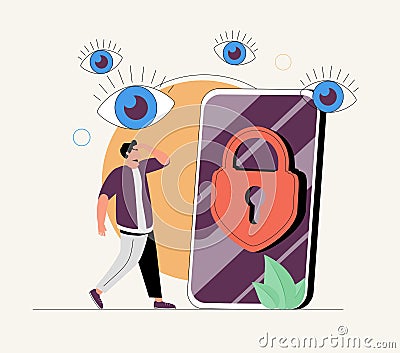 Privacy as personal data protection with security safety tiny persons concept. Abstract eyes peek in private files. Vector Illustration