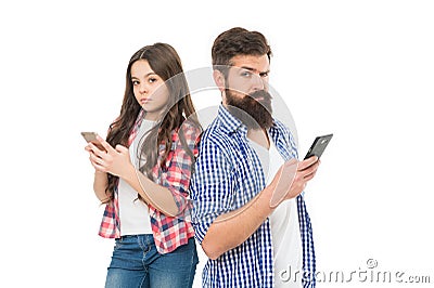 Privacy online. How be protective parent while respecting childs privacy. Man father and little girl daughter with Stock Photo