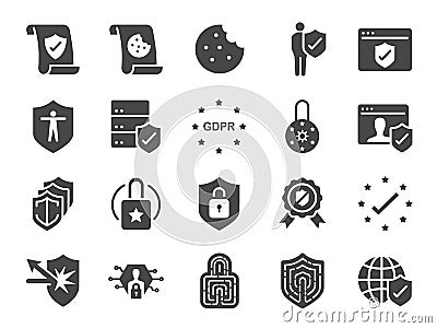 Privacy policy icon set. Included the icons as security information, GDPR, data protection, shield, cookies policy, compliant, per Vector Illustration