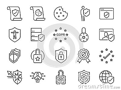 Privacy policy icon set. Included the icons as security information, GDPR, data protection, shield, cookies policy, compliant, per Vector Illustration