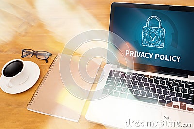 PRIVACY POLICY Private Security Protection,Businessman with protective gesture and text privacy Stock Photo