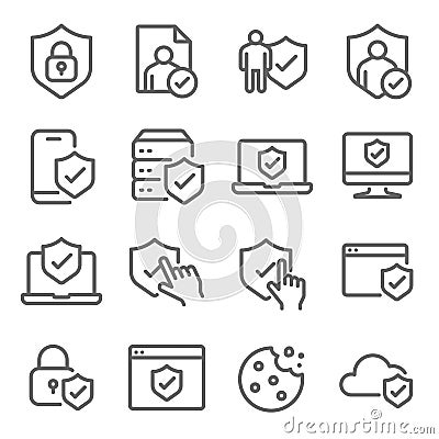 Privacy Policy symbol icon set vector illustration. Contains such icon as Cookie, website, browser, mobile, database, Cloud and mo Vector Illustration