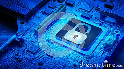 Privacy secure. Network security technology with computer processor chip on digital motherboard background. Protect Stock Photo