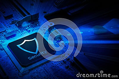 Privacy secure. Network security technology with computer processor chip on digital motherboard background. Protect Stock Photo