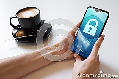 Privacy settings on mobile phone screen. Cyber security concept. Stock Photo