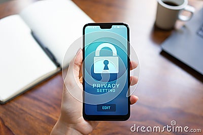 Privacy settings on mobile phone screen. Cyber security concept. Stock Photo