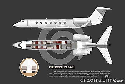 Private airplane interior. Side and top view of bussiness plane. Plane seats map. 3d drawing of commercial aircraft Vector Illustration